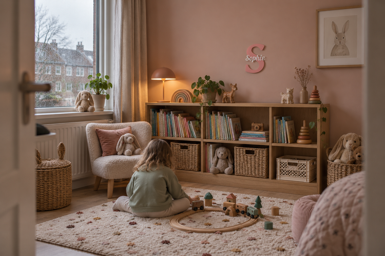 Roze naambordje met de naam Fien boven een houten babybedje